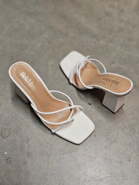 Womens White Strappy Block Heel Sandals With Square Toe Design